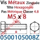 Vis Métaux Tête Hexagonale Zinguée 5 x 8 mm Filetage Total Classe 4.8
