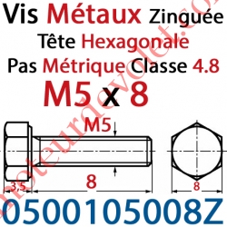 Vis Métaux Tête Hexagonale Zinguée 5 x 8 mm Filetage Total Classe 4.8