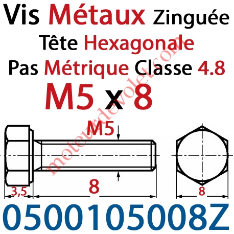 Vis Métaux Tête Hexagonale Zinguée 5 x 8 mm Filetage Total Classe 4.8