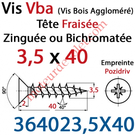 Vis Vba Tête Fraisée Pozidriv Filetage Total Acier Zingué Bichromaté 3,5 x 40 mm