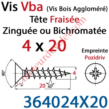 Vis Vba Tête Fraisée Pozidriv Filetage Total Acier Zingué Bichromaté 4 x 20 mm
