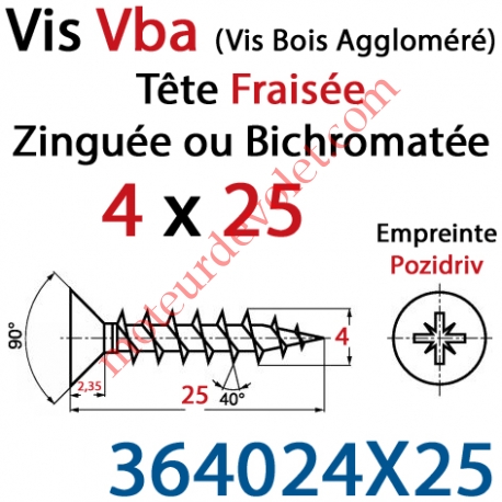 Vis Vba Tête Fraisée Pozidriv Filetage Total Acier Zingué Bichromaté 4 x 25 mm