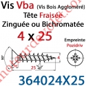 Vis Vba Tête Fraisée Pozidriv Filetage Total Acier Zingué Bichromaté 4 x 25 mm