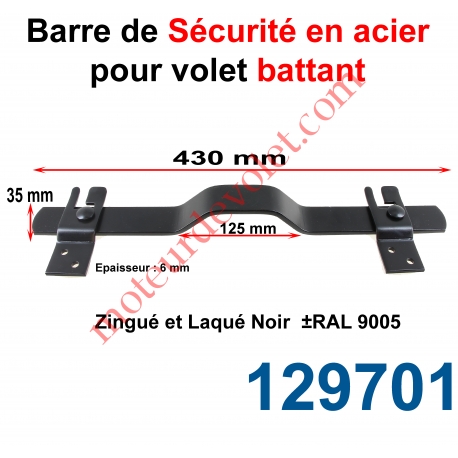 Barre de Sécurité en Oméga Lg 430 mm pour Volet Battant en Acier Plat 35x6 mm Avec 2 Supports Zingués et Laqués Noir ± Ral 9005
