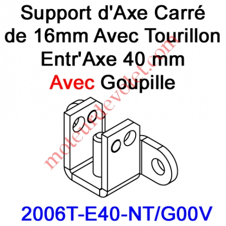 Support d'Axe en Carré de 16 Avec Tourillon Entr'Axe 40 mm Avec Goupille