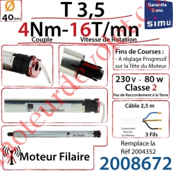 Moteur Filaire T3,5 4/16 Avec FdC à Réglage Progressif sans Carré sans Mds Double Isolation Classe II Sans Fil de Terre