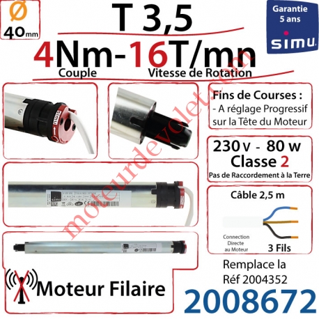 Moteur Filaire T3,5 4/16 Avec FdC à Réglage Progressif sans Carré sans Mds Double Isolation Classe II Sans Fil de Terre