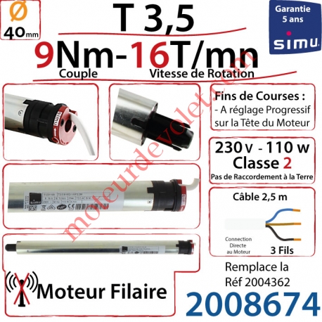 Moteur Filaire T3,5 9/16 Avec FdC à Réglage Progressif sans Carré sans Mds Double Isolation Classe II Sans Fil de Terre