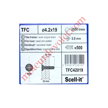 Vis à Tôle Auto Perceuse Tête Fraisée Phillips n°2 Zinguée 4,2 x 19