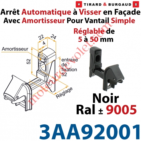 Arrêt Automatique à Visser en Façade AA3G Avec Amortisseur pour Vantail Simple Réglable de 5 à 50mm Noir ± Ral 9005