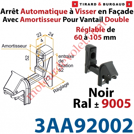 Arrêt Automatique à Visser en Façade AA3G Avec Amortisseur pour Vantail Double Réglable de 60 à 105mm Noir ± Ral 9005