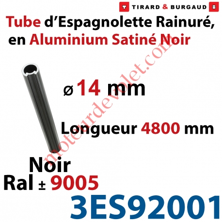 Tube d'Espagnolette ø 14mm Rainuré Longueur 4 800mm en Aluminium Laqué Noir Satiné ± Ral 9005