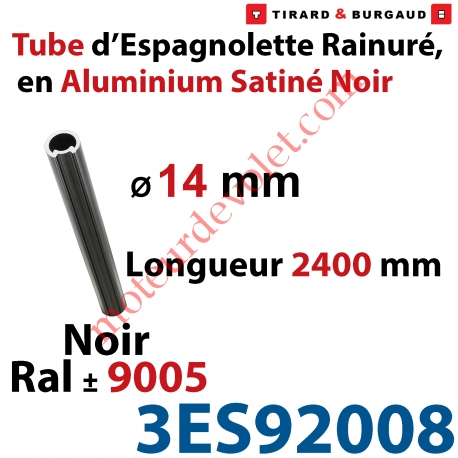Tube d'Espagnolette ø 14mm Rainuré Longueur 2 400mm en Aluminium Laqué Noir Satiné ± Ral 9005