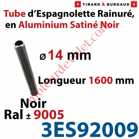 Tube d'Espagnolette ø 14mm Rainuré Longueur 1 600mm en Aluminium Laqué Noir Satiné ± Ral 9005