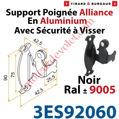 Support Poignée Alliance Avec Sécurité à Visser en Aluminium Laqué Noir ± Ral 9005 (Sans vis)