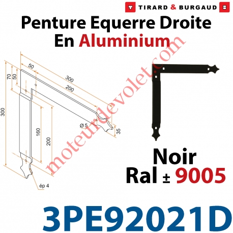 Penture Equerre Réglable 300x300mm Droite en Plat Aluminium de 35x4mm Percée de 4 Trous Diamètre 5mm Laqué Noir ± Ral 9005