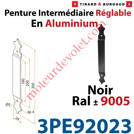 Penture Intermédiaire Réglable Longueur: 300mm en Plat Aluminium de 34x4mm Percée de 2 Trous Diamètre 5mm Laqué Noir ± Ral 9005