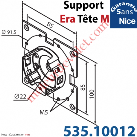 Support Nice Era Tête M Métallique sur plaque 100x100 4 Trous en Croix Fraisés diamètre 5,2 entr'axes 85 mm