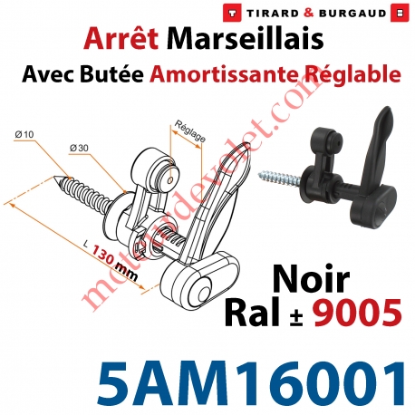 Arrêt Marseillais Tirefond à Visser Lg 130 Matériau Composite Noir ± Ral 9005 Avec Butée Réglable de 5 à 40 mm