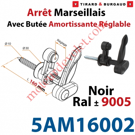 Arrêt Marseillais Tirefond à Visser Lg 160 Matériau Composite Noir ± Ral 9005 Avec Butée Réglable de 5 à 60 mm