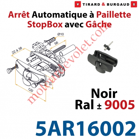 Arrêt à Paillette Automatique StopBox Inoxydable pour Volet d'Epaisseur 22 à 38mm Noir ± Ral 9005 Avec Gâche inox Lg 56mm
