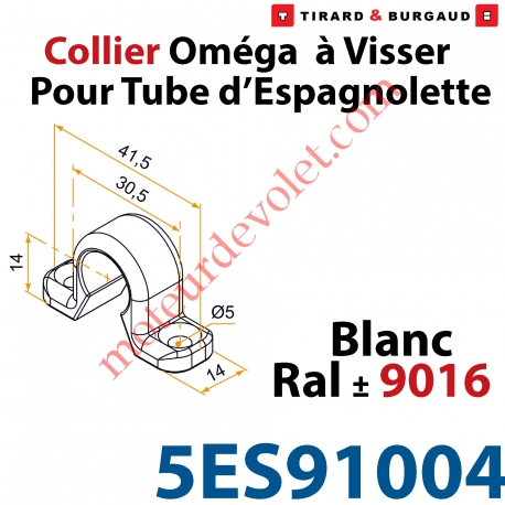 Collier Oméga à Visser en Matériau Composite Blanc ±Ral 9016 pour Tube d'Espagnolette Diam 14mm Rainuré en Aluminium (Sans vis)