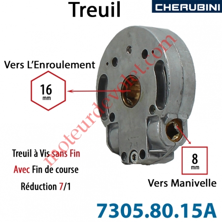 Treuil Vis Sans Fin Manoeuvre Carré 8 Sortie Hexa 16 Femelle Avec FdC Réduction 7/1