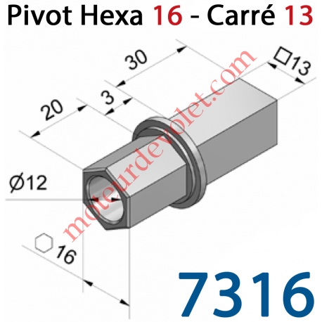 Pivot Hexagonal (6 côtés) de 16 Mâle - Carré de 13 Mâle pour Treuil réf.: 7305-7311-7320 et 7330