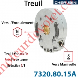 Treuil Vis Sans Fin Manoeuvre Carré 8 Sortie Hexa 16 Femelle Avec FdC Réduction 5/1