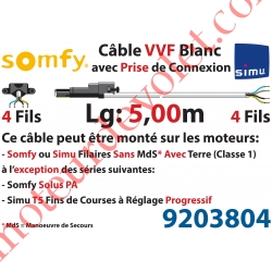 Câble H05VVF Blanc 4 x 0.75 mm² lg 5,00 m Avec Prise Noire pour Moteur LT Filaire