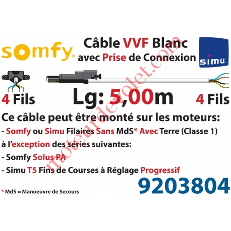 Câble H05VVF Blanc 4 x 0.75 mm² lg 5,00 m Avec Prise Noire pour Moteur LT Filaire
