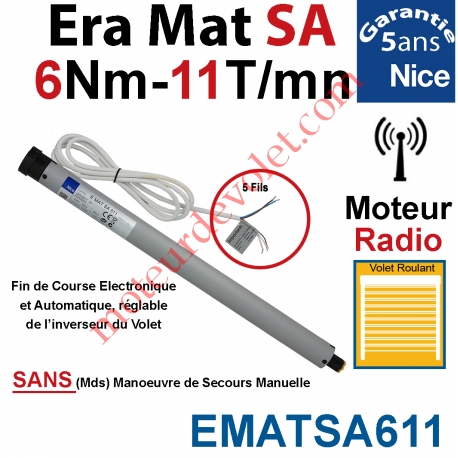 Moteur Nice Radio Era Mat SA 6/11 Av FdC Electro & Fréquence 433,92MHz Rolling Code Série S (Small ø35mm)