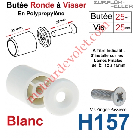 Butée Ronde Coloris Blanc à Visser sur Lame Finale Longueur 25 mm Avec Rondelle et Vis Zinguée Lg 25mm