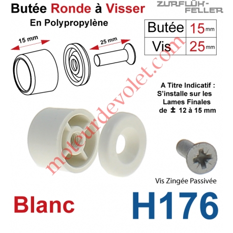 Butée Ronde Coloris Blanc à Visser sur Lame Finale Longueur 15 mm Avec Rondelle et Vis Zinguée Lg 25mm