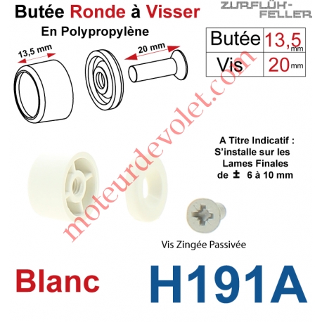 Butée Ronde Coloris Blanc à Visser sur Lame Finale Longueur 13,5 mm Avec Rondelle et Vis Zinguée Lg 20mm