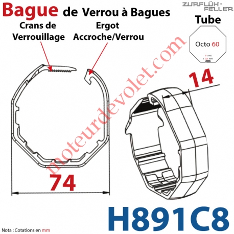 Bague de Verrou Automatique à Bagues Zf pour tube Octo 60 diamètre Extérieur 74 mm Largeur 14 mm