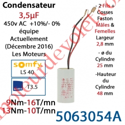 5063054A Condensateur d'Origine à Fils + Cosses Faston 2,8 mm pour Moteur Tubulaire Simu T3.5 ou Somfy Ls40 Capacité 3,5µF ±5% 