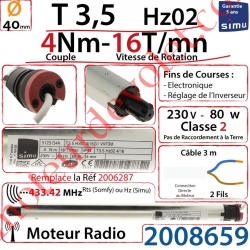 Moteur Radio Simu Hz02 4/16 Rts Sans Carré T3,5 sans Mds Double Isolation Classe II Sans Fil de Terre