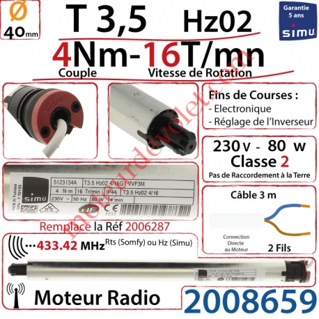 Moteur Radio Simu Hz02 4/16 Rts Sans Carré T3,5 sans Mds Double Isolation Classe II Sans Fil de Terre
