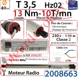 Moteur Radio Simu Hz02 13/10 Rts Sans Carré T3,5 sans Mds Double Isolation Classe II Sans Fil de Terre