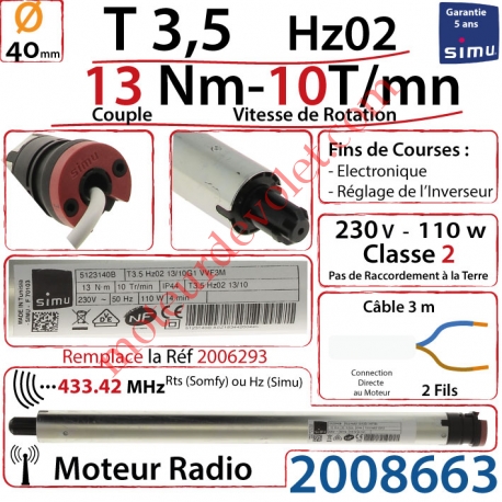 Moteur Radio Simu Hz02 13/10 Rts Sans Carré T3,5 sans Mds Double Isolation Classe II Sans Fil de Terre
