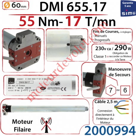 Moteur Filaire Avec Mds T6 Dmi 55/17 Avec FdC à Réglage Progressif