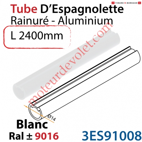 Tube d'Espagnolette Diamètre 14mm Rainuré Longueur 2 400mm en Aluminium Laqué Blanc Satiné ± Ral 9016