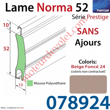 Lame Alu Double Paroi Injectée de Mousse de Polyuréthane Norma de 52x13 Coloris Beige Foncé Sans Ajourage