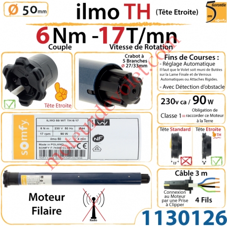 Moteur ilmo 50 WT 6/17 TH (Tête Etroite) Filaire Electronique Réglage Automatique des FdC sans Mds