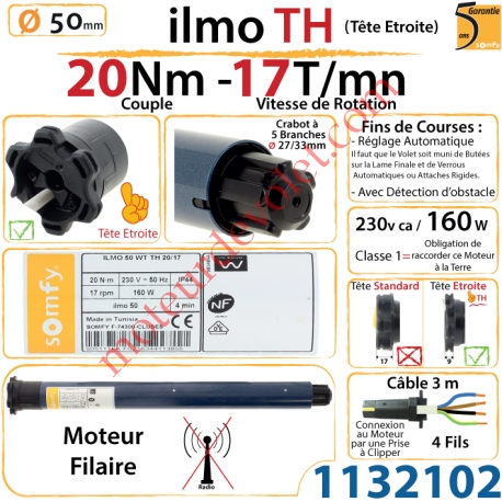 Moteur ilmo 50 WT 20/17 TH (Tête Etroite) Filaire Electronique Réglage Automatique des FdC sans Mds