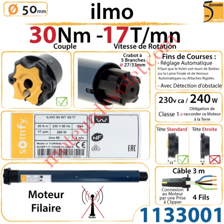 Moteur ilmo 50 WT 30/17 Filaire Electronique Réglage Automatique des FdC sans Mds