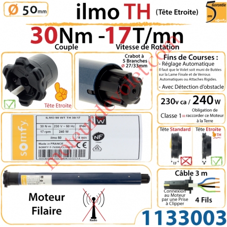 Moteur ilmo 50 WT 30/17 TH (Tête Etroite) Filaire Electronique Réglage Automatique des FdC sans Mds
