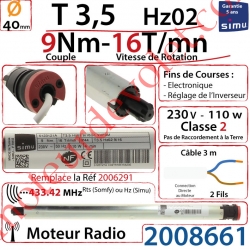 Moteur Radio Simu Hz02 9/16 Rts Sans Carré T3,5 sans Mds Double Isolation Classe II Sans Fil de Terre