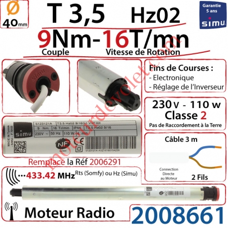 Moteur Radio Simu Hz02 9/16 Rts Sans Carré T3,5 sans Mds Double Isolation Classe II Sans Fil de Terre